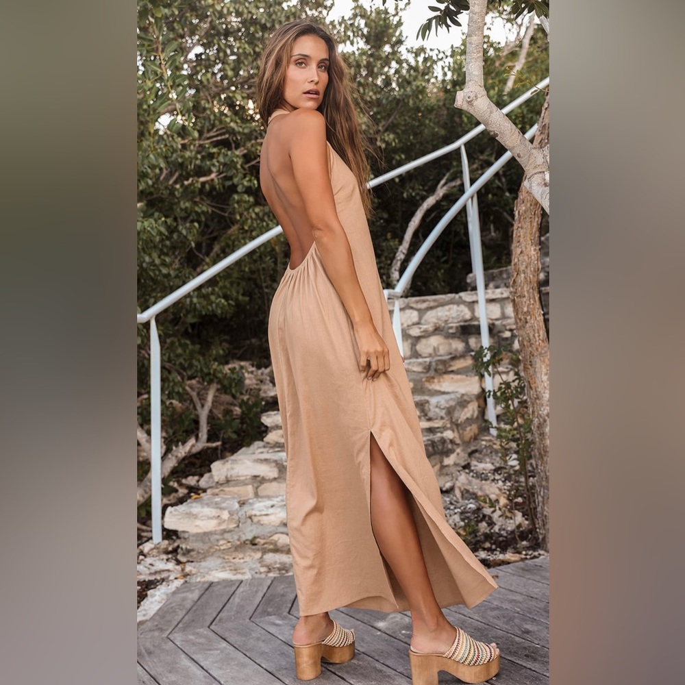 Lulu’s Summer Type of Way Tan Halter Maxi Dress